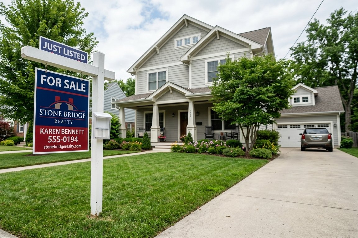 House front with a realtor sign in the yard