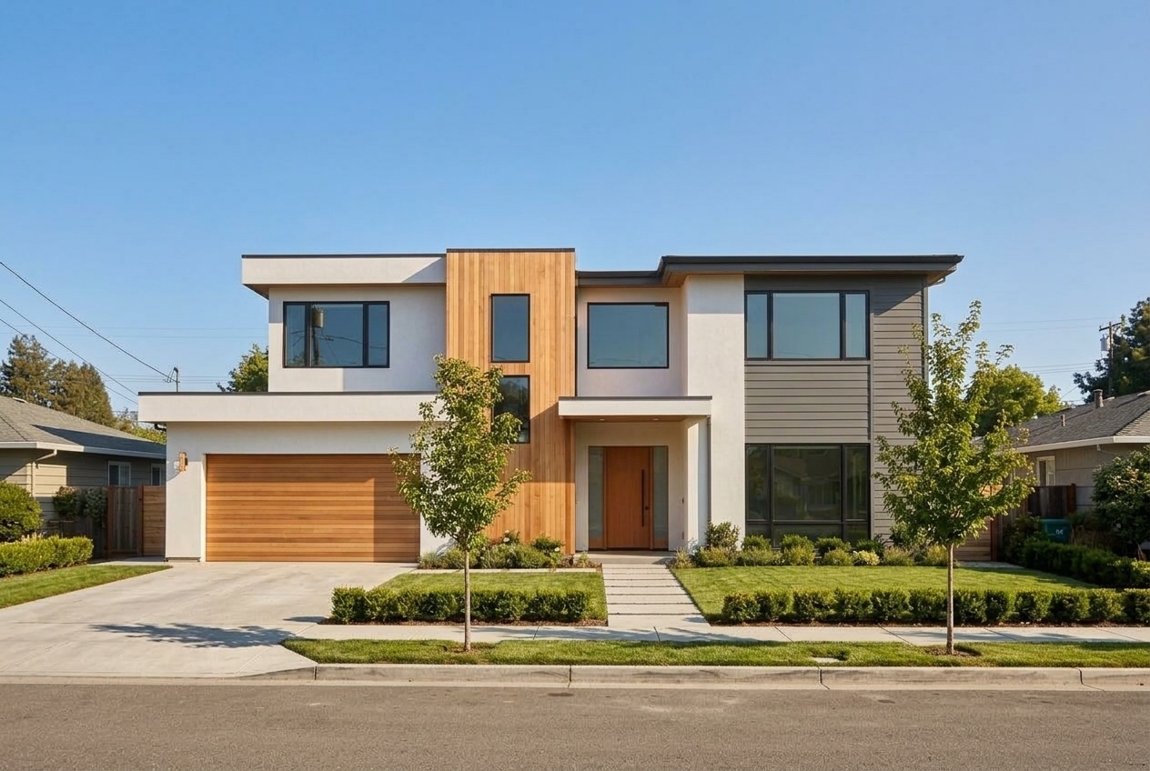 Modern two-story house photographed at midday